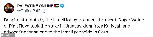 Sarandon retweeted a message in support of Pink Floyd's Roger Waters, who has been criticized for his outspoken anti-Israel stance.