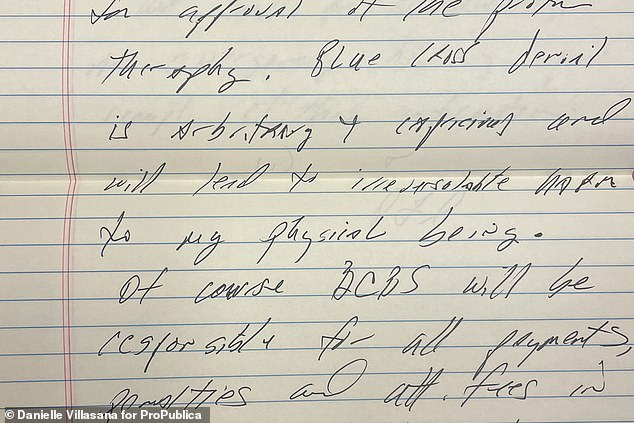 Salim wrote a note in 2018 that said, “The Blue Cross denial is arbitrary and capricious and will result in irreversible damage to my physical being.”