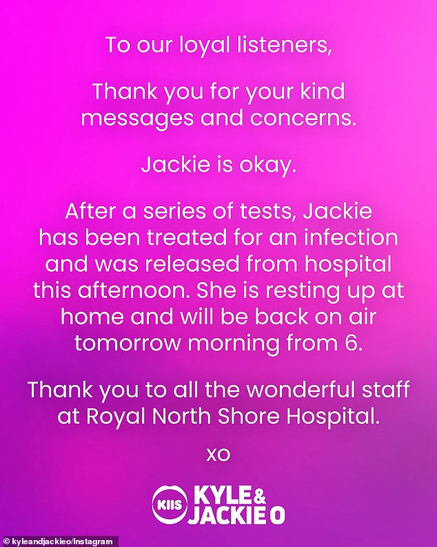 The statement, released via their Instagram account, said Jackie was treated for an infection and then released in the afternoon.  They assured fans that she would be back in the studio tomorrow