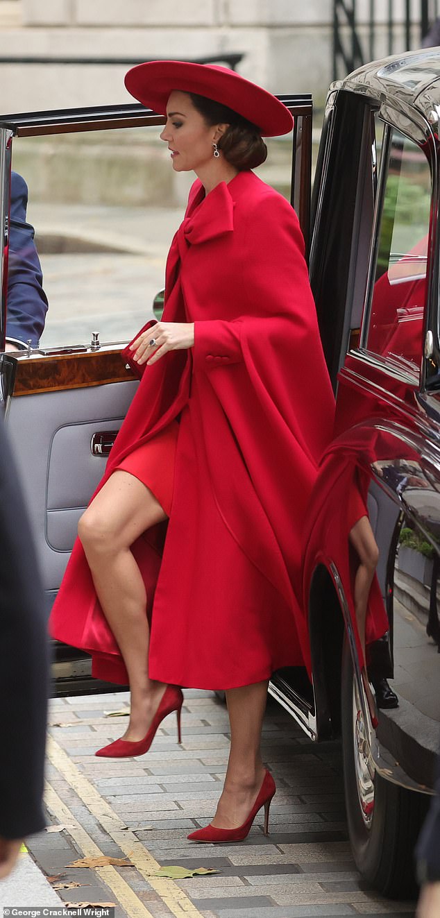 Opting to complement Gianvito Rossi shoes and a matching hat, Kate paid subtle tribute to the late queen, who was also a fan of color blocking