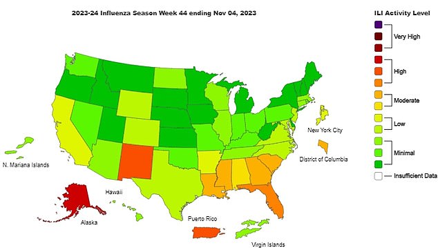 This map shows flu levels in the US during the first week of November