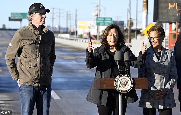 Newsom has insisted he has no plans to run for president in 2024, but his increasingly high-profile appearances have fueled speculation.  Pictured: DeSantis and Vice President Kamala Harris speak with Los Angeles Mayor Karen Bass in the Southern California city on Sunday, November 19