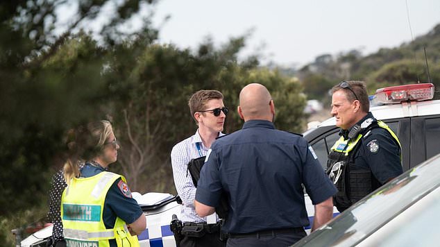 Police officers are pictured on land at the scene of the search for the missing pilot and passenger