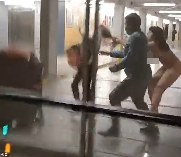 After verbally abusing passengers at Chile's Arturo Merino Benítez International Airport, the naked woman walked to the parking lot, where she grabbed a woman (pictured) by the hair and knocked her to the ground.