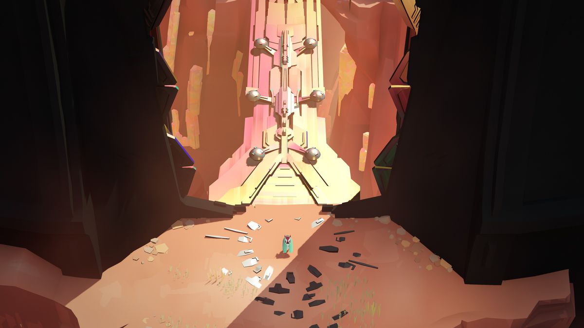 Cocoon's insectoid protagonist pauses in front of a bridge in a desert setting