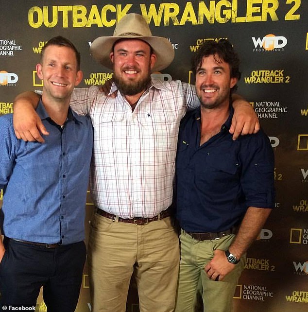 Matt Wright (right) recently, the death of Mr Wilson (centre) was 'still quite fresh'.  The pair were members of the cast of the Outback Wrangler TV series with Jono Brown (left)