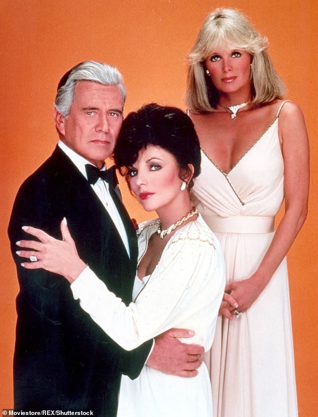 Shut up: But Dame Joan refused to get drawn into a discussion about politics, saying: 'I try not to get involved in politics.  I'm an actress, so I don't think we should express our political opinions' (pictured with Dynasty co-stars John Forsythe and Linda Evans in 1985)