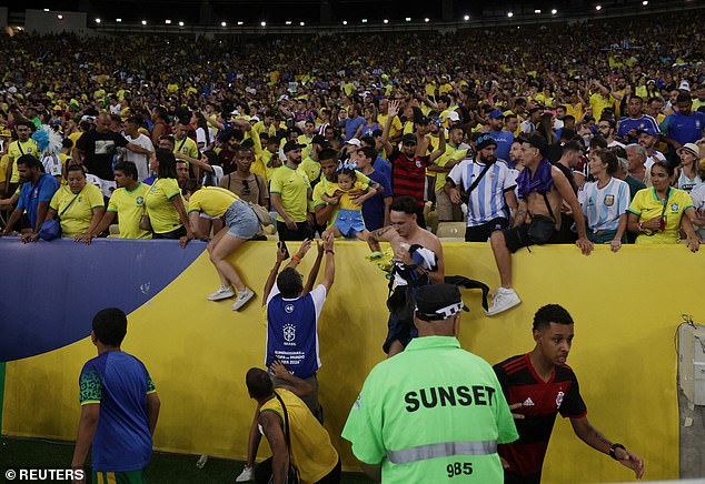 Some Brazilian fans climbed over the balustrade to escape the violence in the stands