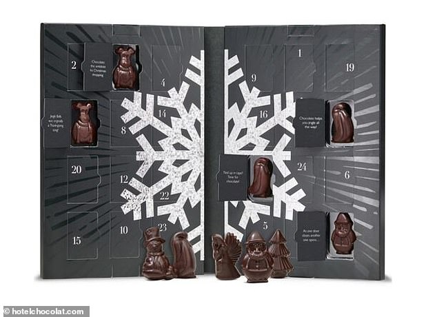 In each window of the Hotel Chocolate Advent Calendar is a small festive figure made of 70 percent dark chocolate.  On their website it costs £13