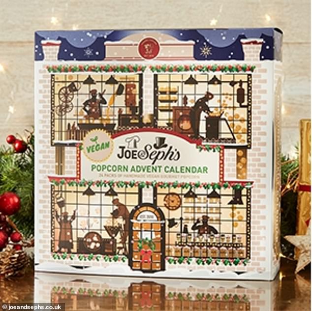 This vegan advent calendar from Joe and Sephs, which costs £30, contains a mini bag of eight flavored popcorn in each window