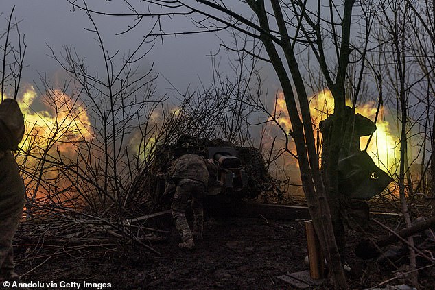 Ukrainian soldiers fire artillery at their fighting position towards Bakhmut, Ukraine, on November 18