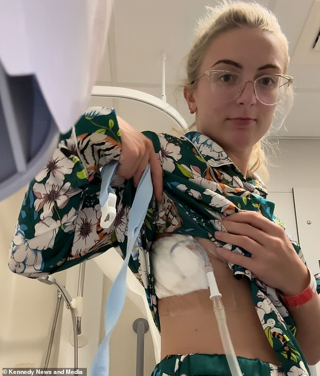 Despite being certain she had suffered a collapsed lung, having experienced two more similar collapses, she was initially sent home by a doctor, who did not receive the treatment she needed until the next day.  Here she depicted herself using a chest tube to re-inflate her lungs