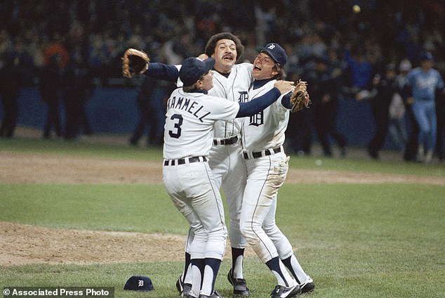 Detroit's Alan Trammell (left), Hernandez (center) and Darrell Evans (right) celebrate after beating the Kansas City Royals 1-0 to win the American League Championship in Detroit, 1984