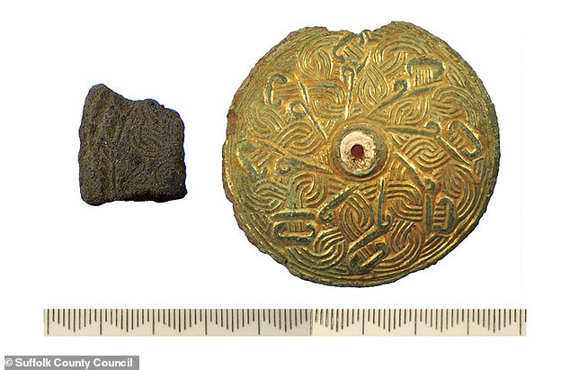 Archaeologists have discovered baked clay molds (left) used to cast decorated horse harnesses such as those found at the nearby Sutton Hoo burial site (right).