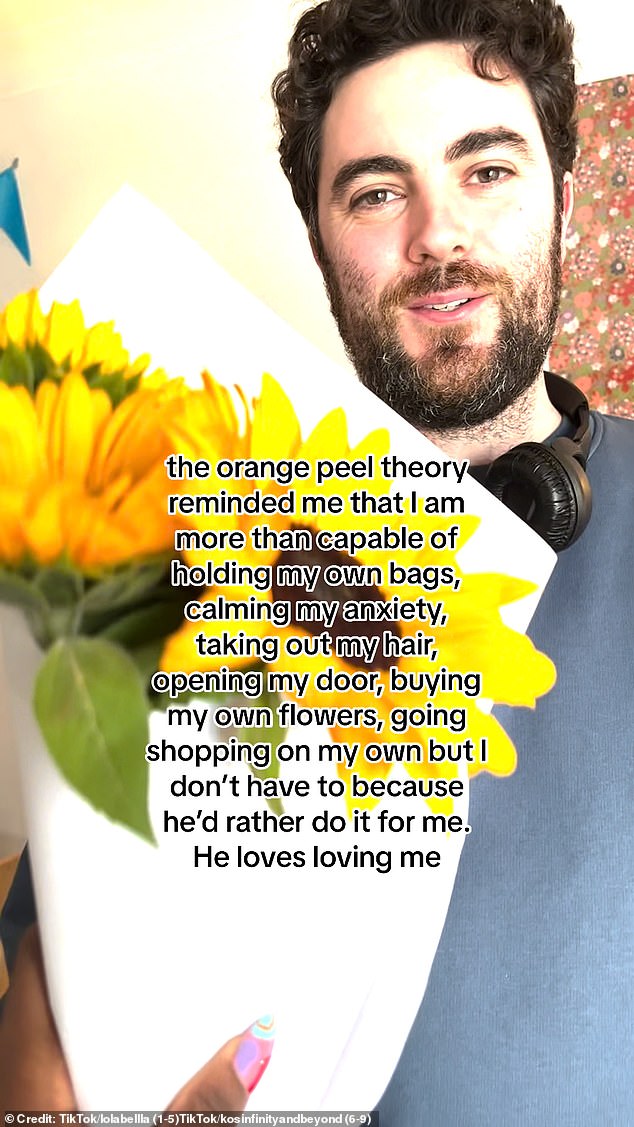 One person shared a montage of her and her husband and captioned it: 'The orange peel theory reminded me that I am more than capable of holding my own bags, calming my anxiety, pulling out my hair, opening my door, to buy my own flowers.  , go shopping alone.  'But he doesn't have to, because he'd rather do it for me.  He loves to love me'