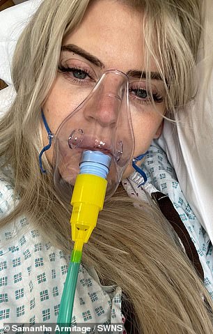 Samantha – who has now been diagnosed with chronic fatigue syndrome – says the pregnancy 'nearly killed her' and left her socially anxious and afraid to go out.  Pictured in hospital with Covid in 2021