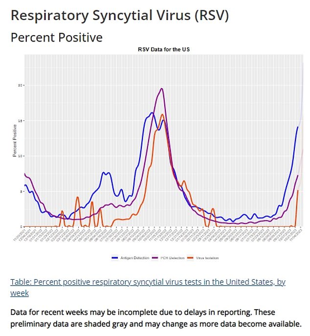 RSV: The above graph shows how respiratory syncytial virus (RSV) – which infects the lungs and can be fatal – is also on the rise in the US