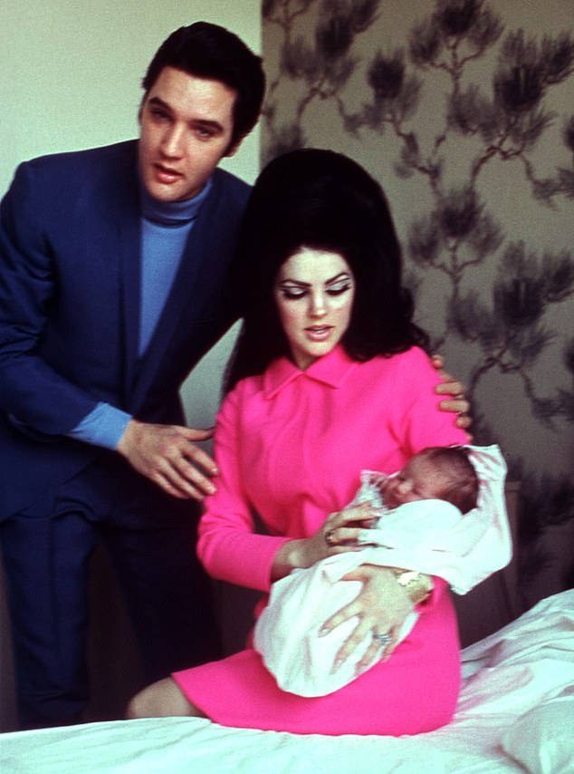 Family affair: A famous photo shows Elvis with the bling around his neck as he celebrates his daughter Lisa Marie's fifth birthday with Priscilla;  seen in a separate photo in 1968