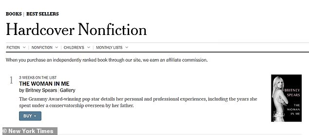 Congratulations!  The semi-retired pop star's critically acclaimed memoir, The Woman In Me, spent a whopping three weeks at the top of the New York Times bestsellers nonfiction list