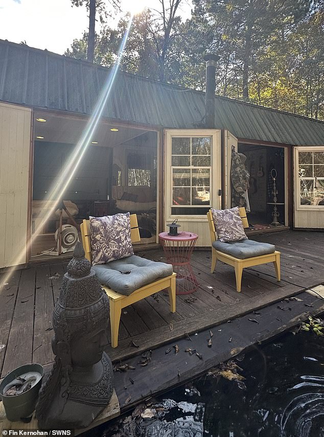 The couple created a tranquil outdoor space with a pond and some chairs to enjoy the outdoors