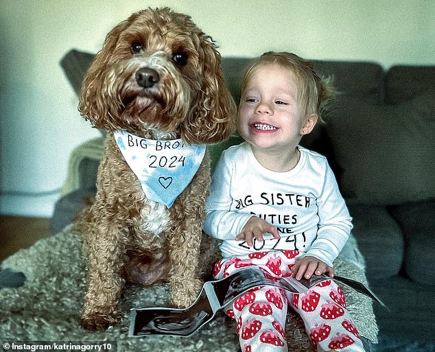 Gorry, 31, confirmed the news on Thursday in an adorable Instagram post that also featured her two-year-old daughter Harper (pictured) and the family dog