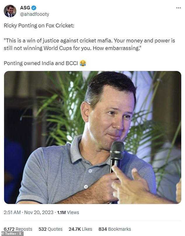 The tweet was uploaded to X during the World Cup final and has since been viewed more than a million times, but Ponting did not utter the blunt words