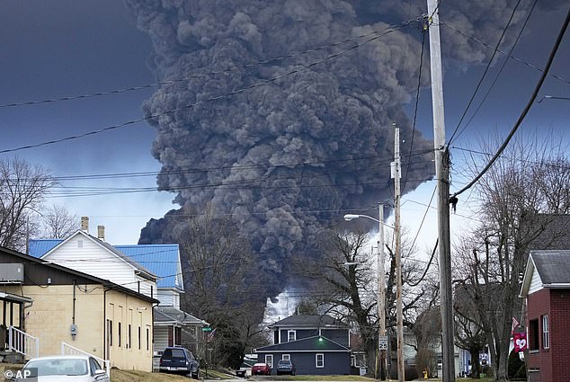 A black plume rises over East Palestine, Ohio, on February 6, due to a controlled burning of part of the derailed Norfolk Southern train