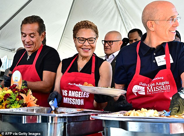 The brass: (from right) Former Disney Chairman Jeffrey Katzenberg could be spotted next to current Los Angeles Mayor Karen Bass and former Mayor Antonio Villaraigosa