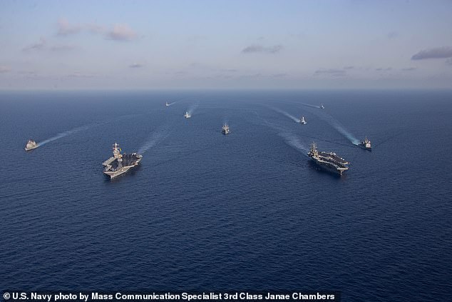 The Gerald R. Ford and Dwight D. Eisenhower Carrier Strike Groups conduct joint operations in the Eastern Mediterranean during a show of U.S. naval power earlier this month