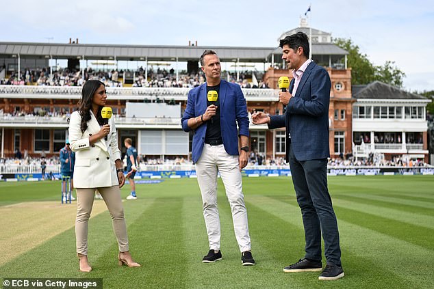 The BBC's Isa Guha (left), Michael Vaughan (centre) and Sir Alastair Cook (right) present their highlights show at this year's Ashes