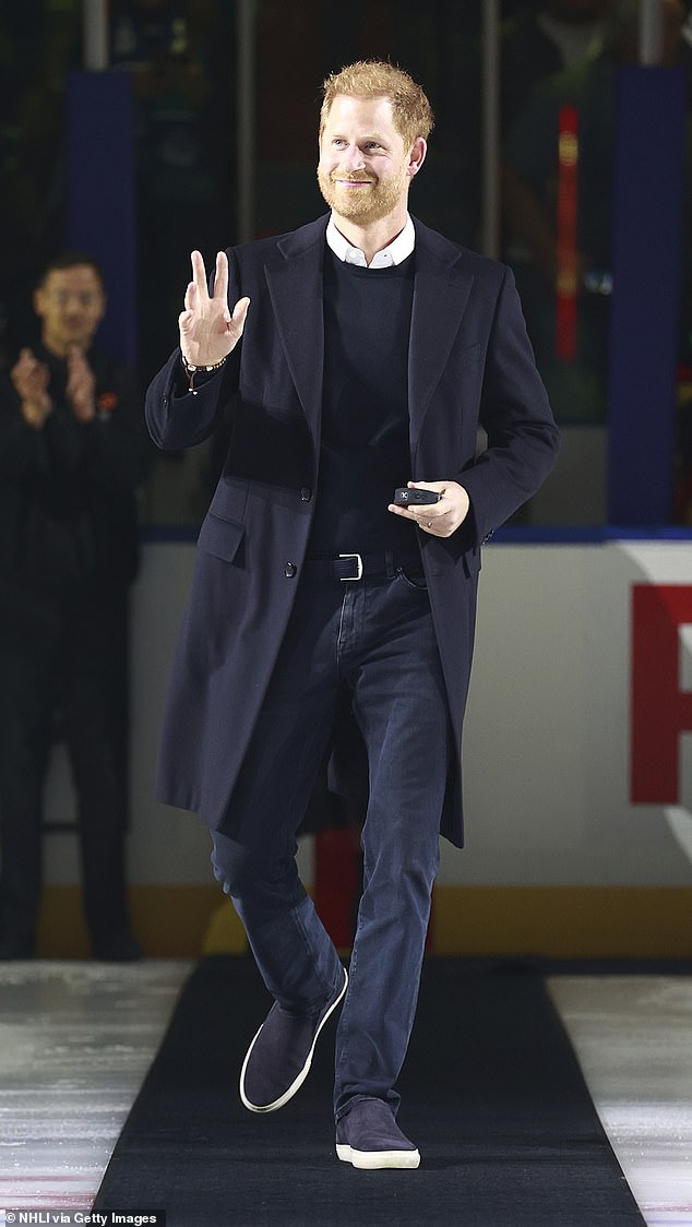 The Duke and Duchess of Sussex are in Canada to promote the next Invictus Games, which will be held in Vancouver and Whistler in February 2025.  Harry pictured before an NHL game this week