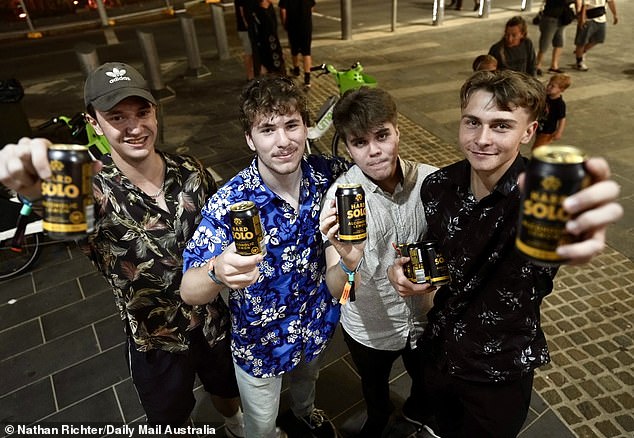 Rhyce, Sabian, James and Will opened cans of Hard Solo along the Surfers Paradise strip