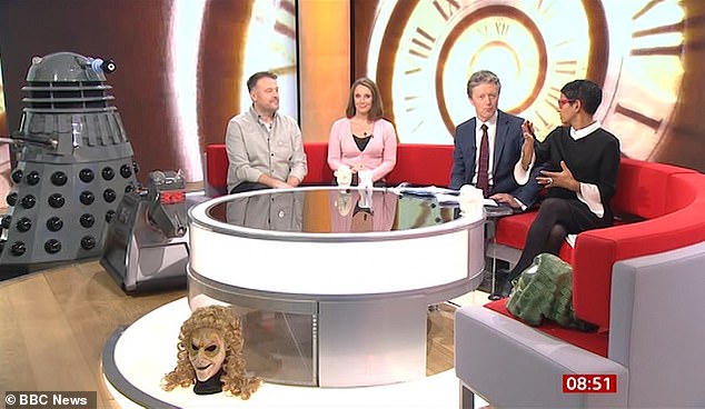 Celebration: BBC Breakfast marked its 60th anniversary as hosts Naga Munchetty and Charlie Stayt were joined in the studio by Doctor Who villains the Daleks and the Cybermen