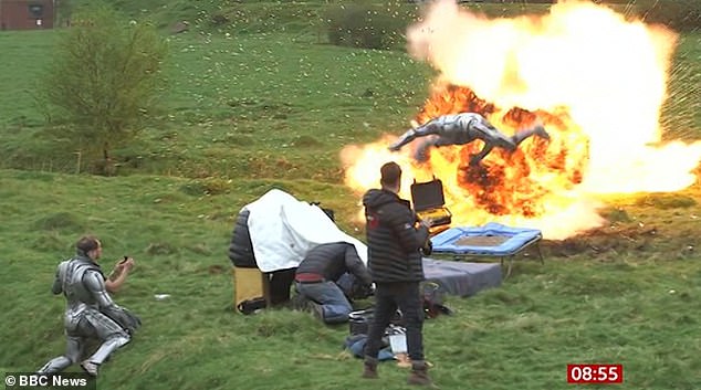 Wow!  The clips, taken from recordings for the show's 50th anniversary, The Day Of The Doctor, showed actors dressed as Cybermen jumping away from explosions.