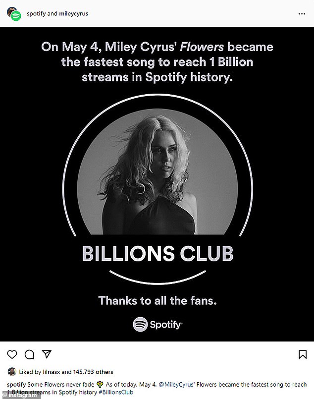 Miley shared a black and white photo of herself with a note from Spotify: 