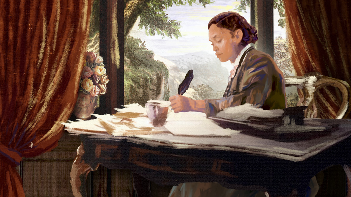 A painted image of a woman writing at a desk with a quill in Stamped From The Beginning.