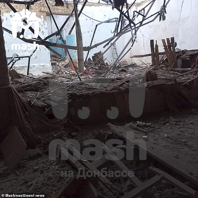 Image shows the aftermath of damage after a Ukrainian attack on a building in Kumachovo