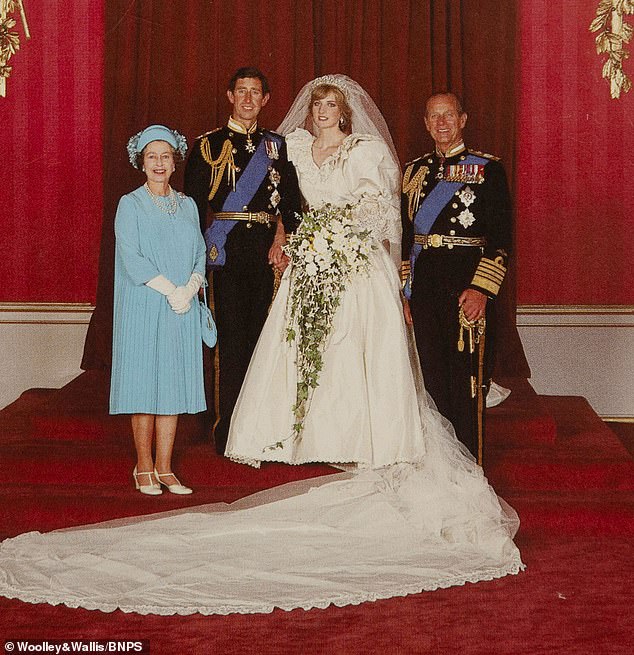 This 1981 card depicts Charles and Diana on their wedding day in 1981. The Queen and Prince Philip are depicted on either side of the happy couple