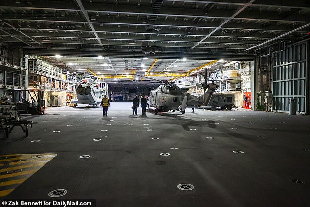 And he gets the chance to play fetch in the enormous airplane hangar below deck