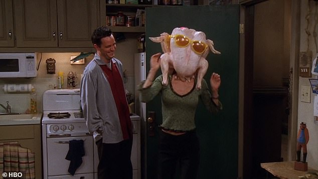 The image came from a scene where Monica placed a turkey on her head to cheer Chandler up