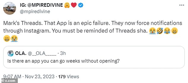 One X user called Threads 'an epic fail' because it likes to 'force notifications through Instagram'