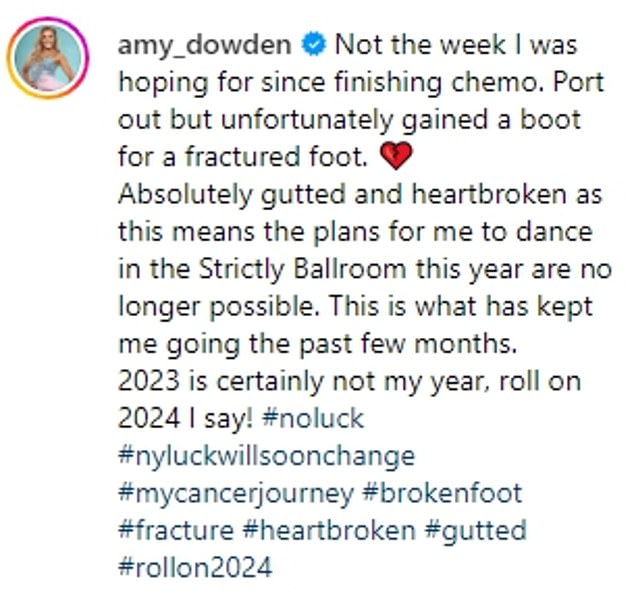 Gutted: Amy posted a photo of her foot strapped into a boot as she shared her devastation at the situation in a post on her Instagram page