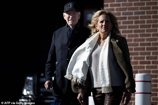 President Joe Biden (left) and first lady Jill Biden (right) briefly stepped out on Thanksgiving Day to present the Nantucket Fire Department with pumpkin pies