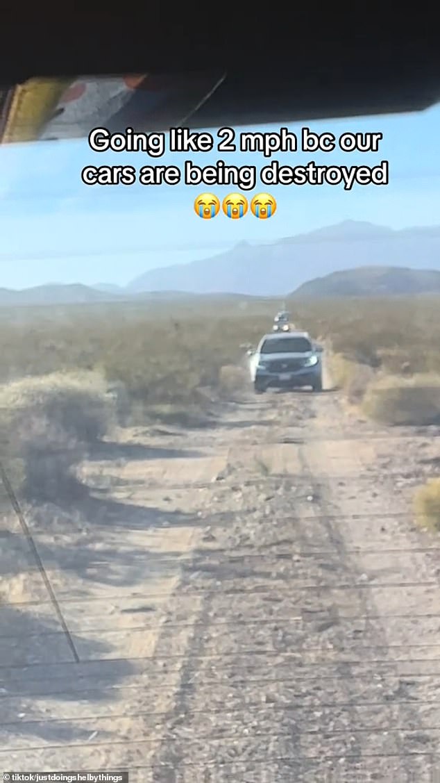 Footage shows the cars stuck on a dirt road and traveling at a speed of three kilometers per hour to avoid damage