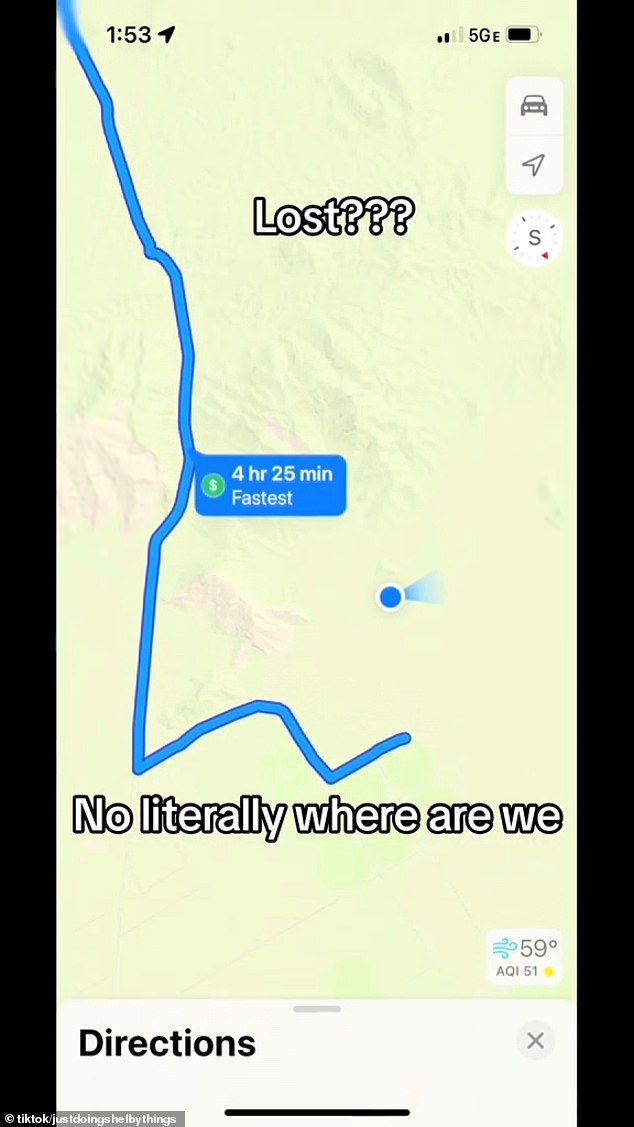 Easler posted on social media a photo of her Google Maps page in the video, which shows the route is more than four hours long and has no noticeable signs