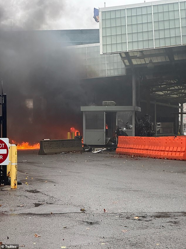 The immediate aftermath of the explosion on the U.S. side of the Rainbow Bridge border crossing at Niagara Falls on Wednesday