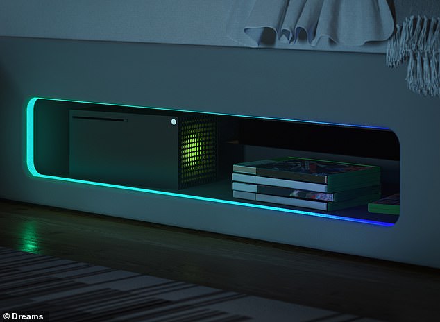 The bed features USB-C ports and convenient headphone jacks, as well as storage space for controllers and controllers