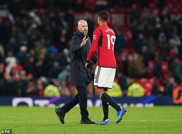 Meanwhile, Varane has fallen down the pecking order under United manager Erik ten Hag (left)