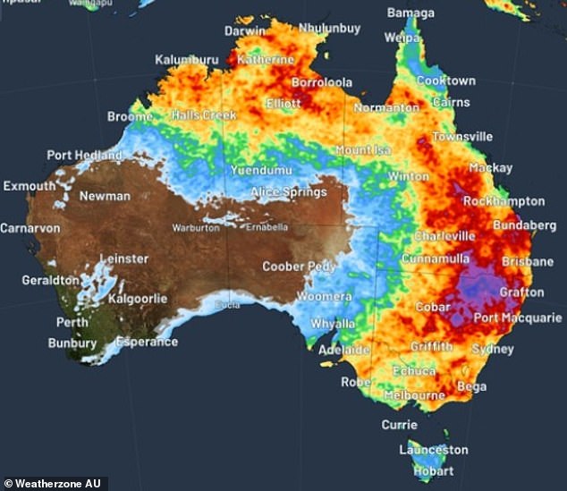 Aussies on the east coast are bracing for harsh weather conditions and widespread rain in the coming week (Photo: Rainfall accumulated by Sunday, darker areas will see more rain)