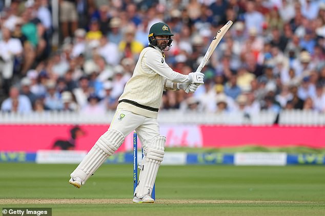 Lyon bats on one leg in the second Ashes Test at Lords after injuring his calf during the match, ruling him out for the rest of the series